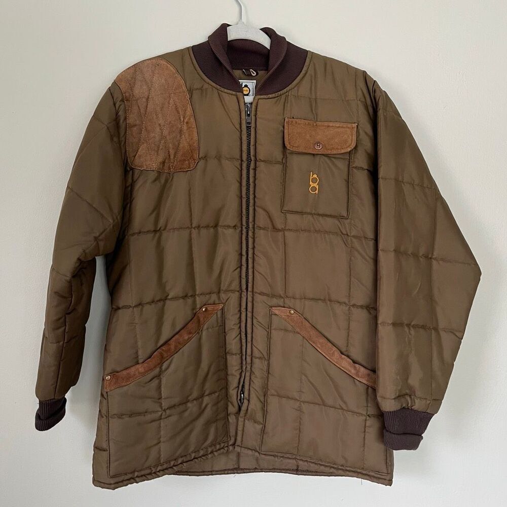 VTG Bob Allen Quilted Shooting Jacket Brown Suede Trim Hunting USA L Workwear
